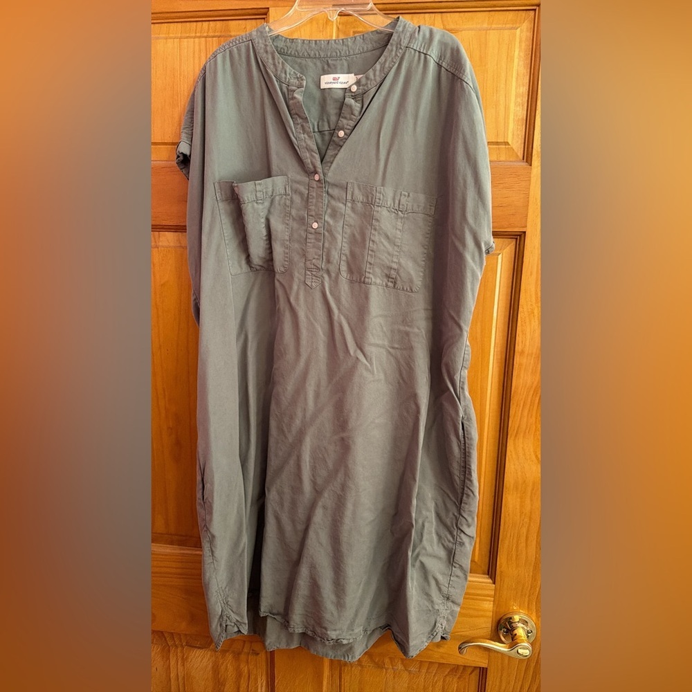 Vineyard Vines Olive Green Short-Sleeve Midi Shirt Dress